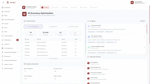Inventory Optimization Configuration - Vehicle inventory data with pricing details, business constraints, and 9 AI agents ready for analysis